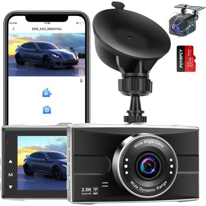 Dashcam Avant/Arrière 2.5K + 1080P Avec WiFi | Grand Angle 170°, Vision Nuit, Carte 64G Incluse | Mode Parking & App