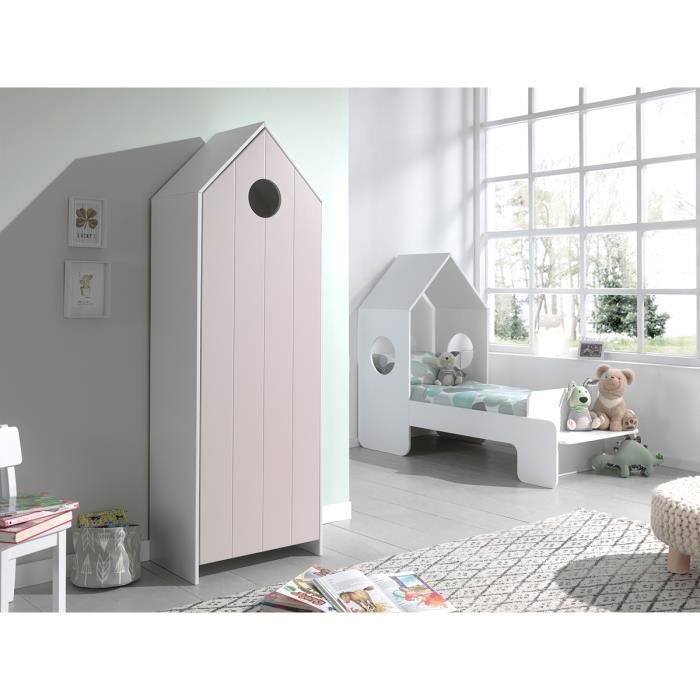Lit Cabane 70x140 Sommier Inclus Et Armoire 1 Porte Casami Blanc Et Rose Cdiscount Maison