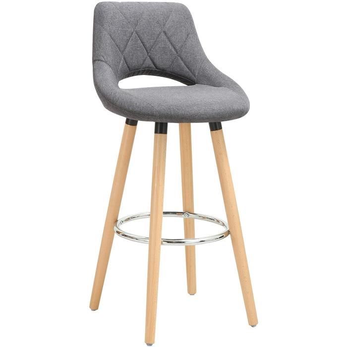 WOLTU Tabouret de bar en lin et bois massif avec dossier et repose-pieds Gris Foncé