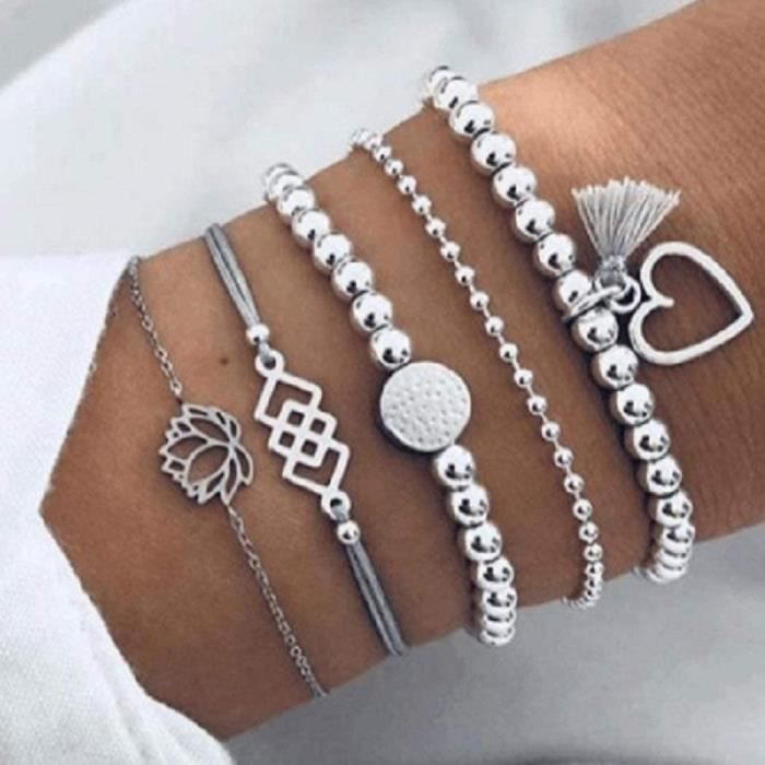 Boho Couches Bracelet Perles Chaine Main Avec Pompons Argent A La Main Coeur Bracelets Pour Les Femmes Et Les Filles 5 Pieces Achat Vente Bracelet Gourmette Boho Couches Bracelet