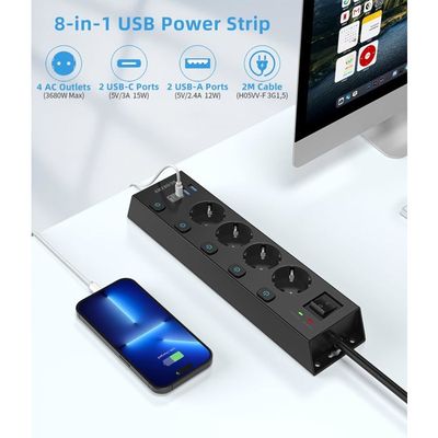 Multiprise 3000W Avec 4 Prises, Ports USB-A Et USB-C, Câble 1,8m, Interrupteur, Idéale Pour Maison Et Bureau