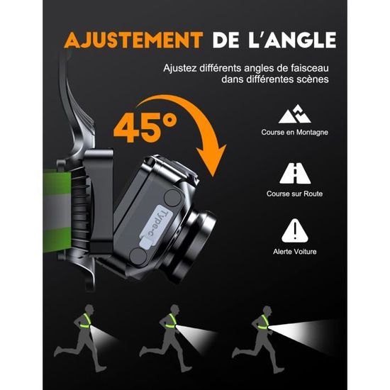 ISEYOU Lampe Running Avec Feu Arrière, 800LM Lampe Course A Pied Avec Réglable à 45°, Étanche IPX5 Rechargeable Lampes Pectorale Running Pour Jogging/Cyclisme/Sports Extérieur, Autonomie 4-25H
