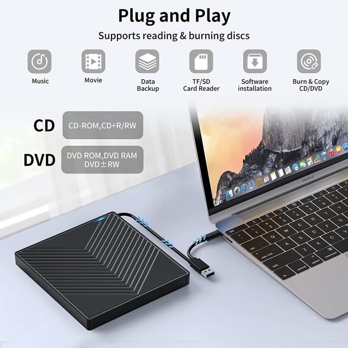 Lecteur de CD DVD externe, USB 3.0 de Type C, graveur de mémoire vive  combiné, réécriture à grande vitesse pour ordinateur portable, Notebook, PC  de bureau - AliExpress
