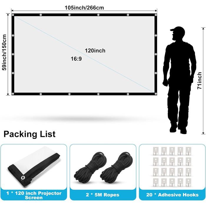 Kleagary Écran De Projection Portable 60 Pouces HD 16:9 Pliable Anti-Rides - Idéal Home Cinéma Extérieur Et Intérieur Ultra Léger
