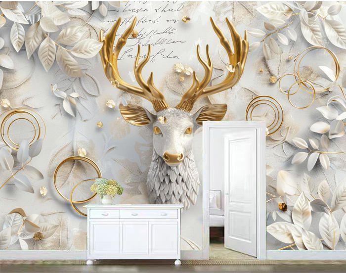 Papier Peint 3D Sinsin – Scène De Maison Et Cerf, Autocollant Et Amovible
