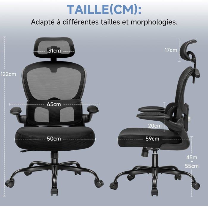 ALPHA HOME Chaise De Bureau Ergonomique Avec Repose-pieds – Assise En Maille, Accoudoirs 3D, Soutien Lombaire Réglable – Jusqu'à 150 Kg