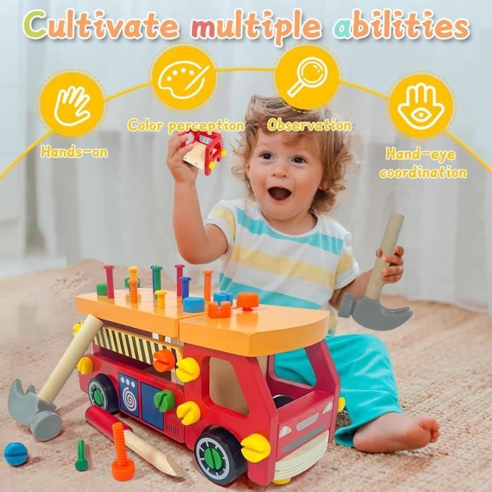 Konoz Etabli Enfant 62 Pièces – Camion à Monter, Outils, 9 Couleurs De Vis, Montessori, Dès 3 Ans