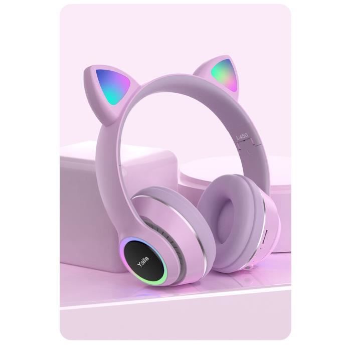Casque Pliable Oreille de Chat Violet Casque Bluetooth Abs Oreille de Chat  Bluetooth Casque de Jeu Casque de Musique Pliable sans Fil avec Lumière LED