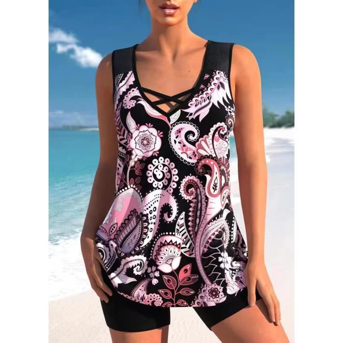 Bikini 2 Pièces HAOLEI Femme | Imprimé Tropical à Nouer | Haut Push-Up Et Bas Taille Haute | Pour Plage Piscine