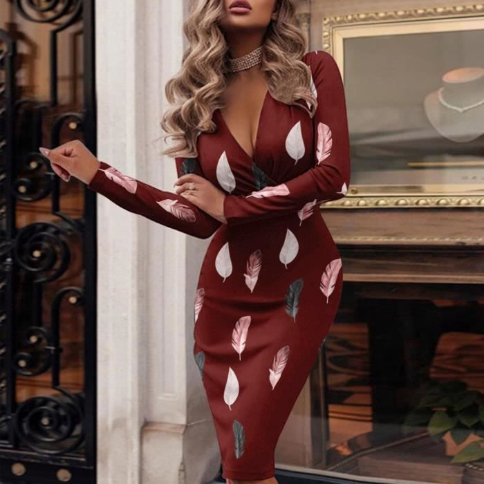 Robe moulante a manches longues femmes automne Sexy col en v travail robes d affaires femme printemps mince crayon robe de soiree Ve Noir Cdiscount Pret a Porter