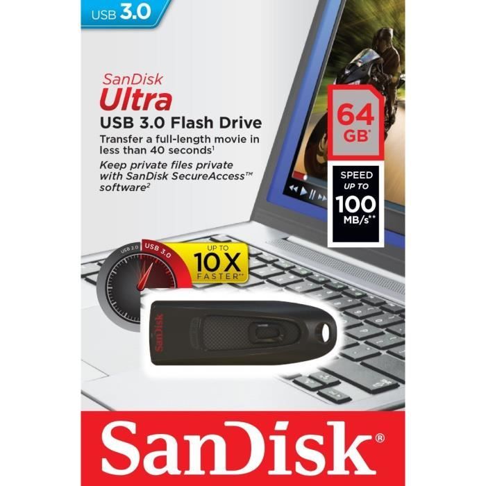 Clé USB 3.0 SanDisk Ultra 64 Go - Vitesse de lecture jusqu'à 100 Mo/s -  Cdiscount Informatique