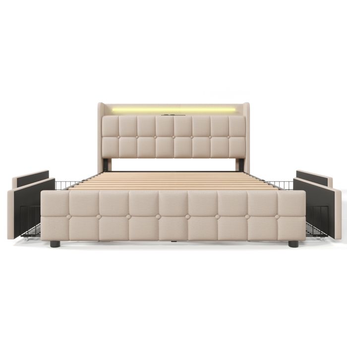 Lit Double 160x200 Avec LED Et USB - Velours Beige, 4 Tiroirs De Rangement, Sommier Lattes, Charge 300kg