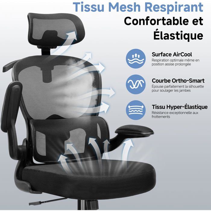 Chaise De Bureau Ergonomique COMHOMA Avec Appui-tête - Maille Respirante, Accoudoirs Rabattables, Bascule, Charge 150kg