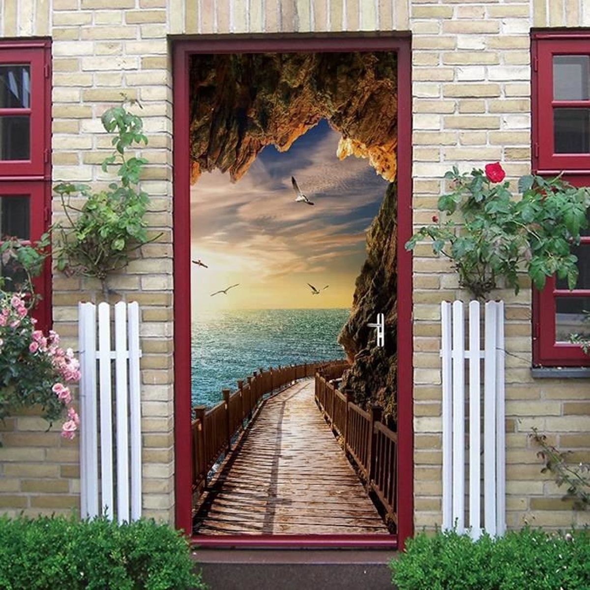 Sticker Mural Porte Paysage Lac Montagne Enneigé - 73x205 Cm, 2 Panneaux - Adhésif PVC, Effet 3D, Facile à Poser - 13