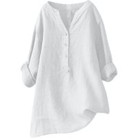  Coton Lin pour Femmes Col V Bouton T-Shirts Manches Longues Tops Couleur Unie Lâche Respirant Grandes Tailles Casual  Blanc