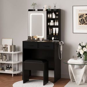 Coiffeuse Design Noir HOMCOM Avec Miroir, Tabouret Et Rangements Multiples