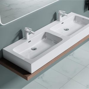 LAVABO - VASQUE Double lavabo vasque à poser blanc brillant lave main Sogood Colossum830 140x48x13cm avec trop-plein