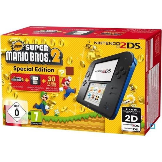 Console Nintendo 2DS • Noir & Bleu + New Super Mario Bros.2 (Pré-installé)