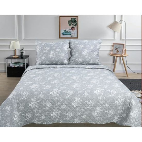 Couvre-lit Boutis Épais 220x240 Cm + 2 Taies 65x65 Cm - Microfibre - Garni Polyester - Gris