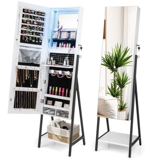 Armoire à Bijoux COSTWAY Avec Miroir Et Lumières LED - 3 Couleurs - Verrouillable - Marron Rustique