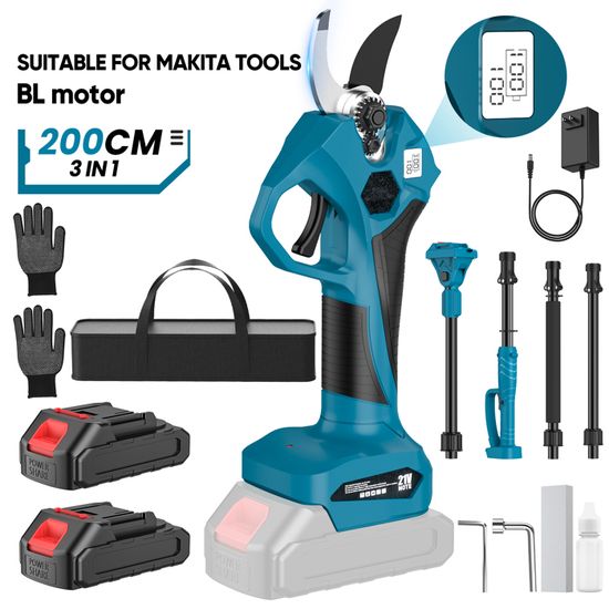 Sécateur électrique Professionnel 30mm - Moteur Brushless 1000W - 2 Batteries 2000mAh - Compteur De Coupe LED - Compatible Batteries Makita 18V - 6