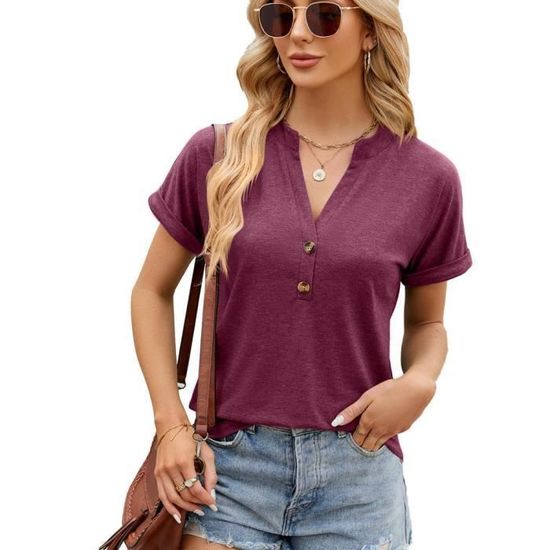 Yuson Girl T-Shirt Femme Col V Manches Courtes - Coton Stretch Décontracté Été - Grande Taille