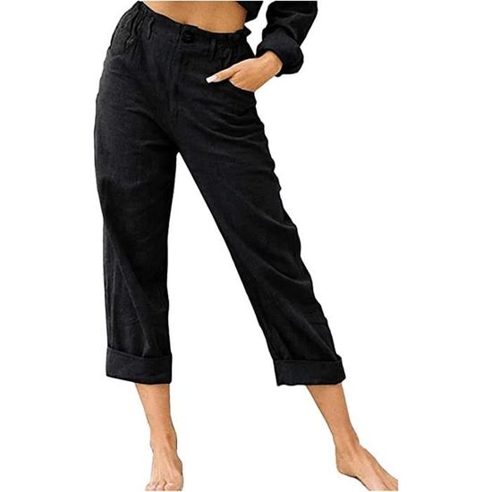 Pantalon Décontracté Femme été - Coton-lin - Taille élastiquée Avec Cordon - Coupe Loose - Tailles 10 à 18