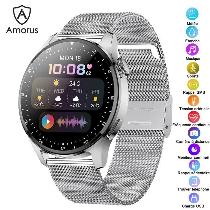 Montre Connectée Homme Femme Étanche, Sports Montre Appel Bluetooth Fitness Bracelet Lecteur MP3 Moniteur de Santé Calories,Argent