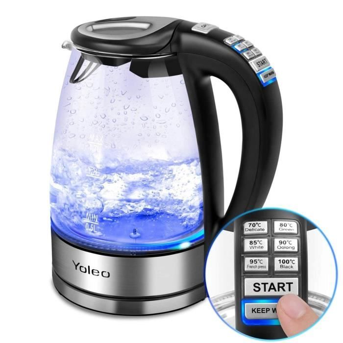 YOLEO® Bouilloire électrique en cristal sans BPA et avec illumination LED, 1.7 litres, 2000 W. Design verre argent