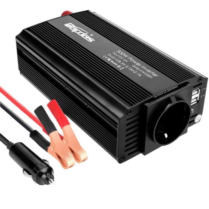 Bapdas 500W Convertisseur Transformateur DC 12V AC 220V-240V, Ports USB Dual 5V - 2.1A Corps en Aluminium avec Attaches de Batte66