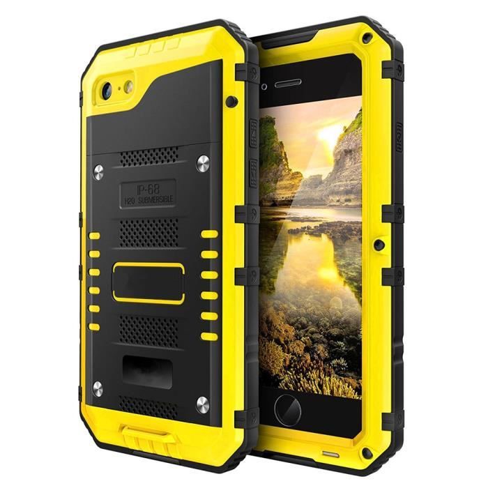 Coque iPhone 7/8 Antichoc Étanche, Robuste|Qualité Militaire|Résistant|Metal|d'Armure|Antipoussière|Anti Pluie Neige,Jaune