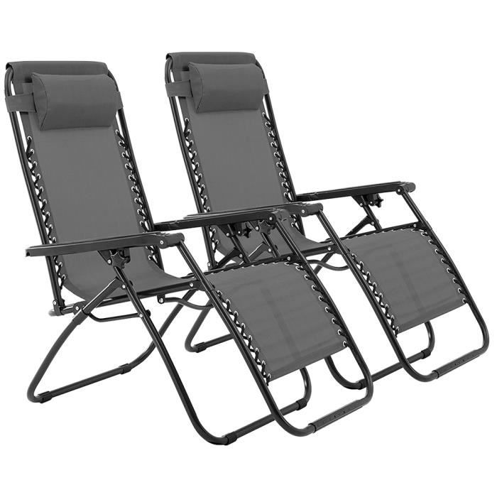 DINGXIANG Lot de 2 Fauteuils inclinable - Chaise de plage pliante d'extérieur grise - Charge max 120 kg - Acier, Oxford (polyester)
