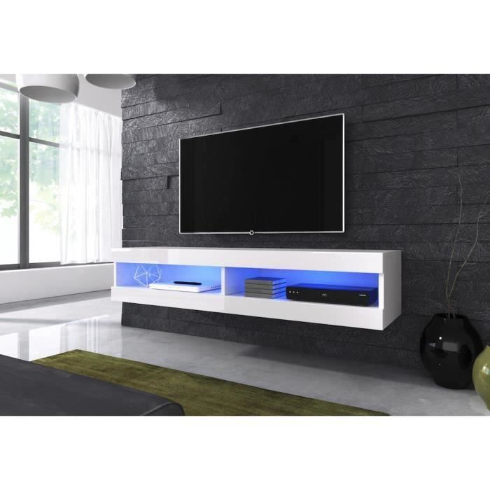 Meuble TV flottant Volanti 150 cm Avec LED (corps mat blanc - blanc haute brillant Avant)