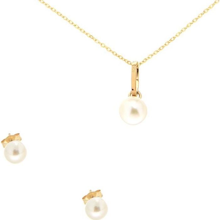 Parure Collier + Boucles D'Oreilles Perle En Or 9 Carats