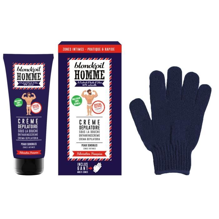 BLONDEPIL HOMME CREME DEPILATOIRE & GANT GOMMANT Zone Intimes Peaux Extra Sensibles 100ml