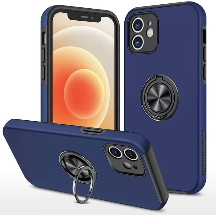 la Coque iphone 12 Mini, Protection complète à 360 °, TPU + PC 2 en 1, Support de Voiture magnétique Pliable pivotéBleu