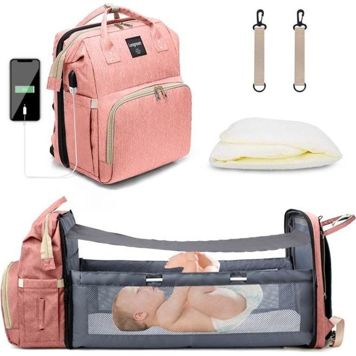 Leogreen Sac à Dos à Langer avec Lit Plié pour Bébé, Grande Capacité Sac à Couches Multifonction Imperméable, Rose