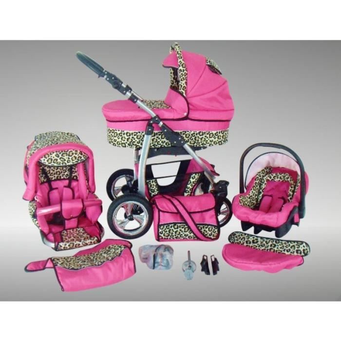 Dino Poussette Trio Nacelle Poussette Canne Siège auto Chancelière Accessoires 17 rose & léopard