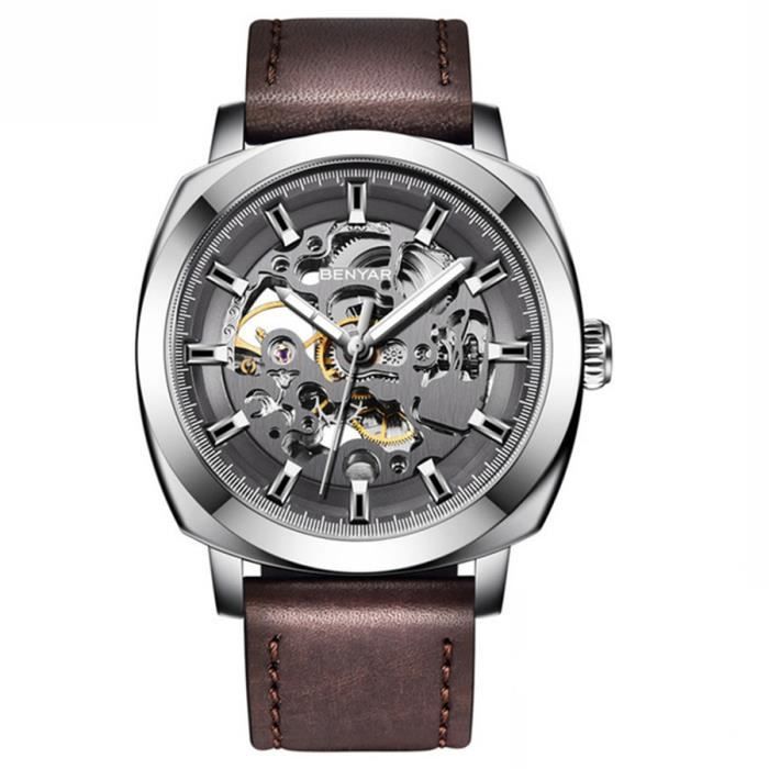 Montre Homme Mécanique Automatique de Marque de Luxe Bracelet en Cuir Dial Squelette Étanche Cadeau de fête pour pères et mari