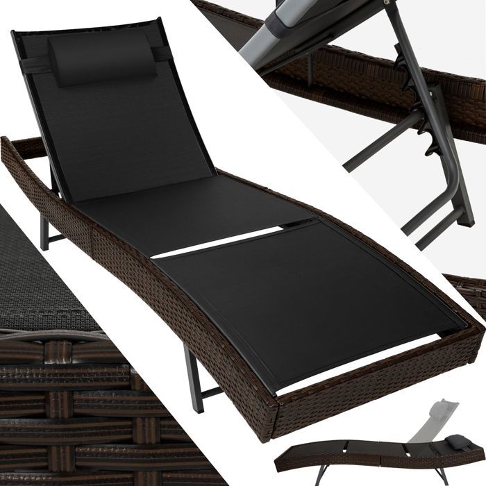 TECTAKE Transat de Jardin en Résine Tressée 211 cm x 69 cm x 94 cm Marron + Coussin