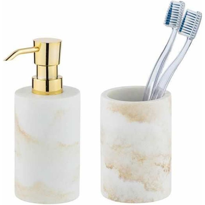 Set accessoires salle de bain, gobelet brosse à dent, distributeur savon liquide, Odos, marbre doré