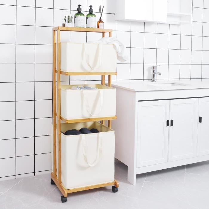 Yorbay Panier à Linge en Bambou, Chariot à Linge, Corbeille À Linge avec 3 Paniers Amovibles avec roulettes, Étagère en bambou pour