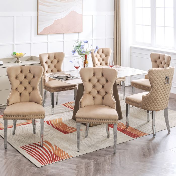 lot de 6 fauteuils chaisess - velours marron – pieds de support en acier inox –style scandinave – salle à manger, bureau, salon