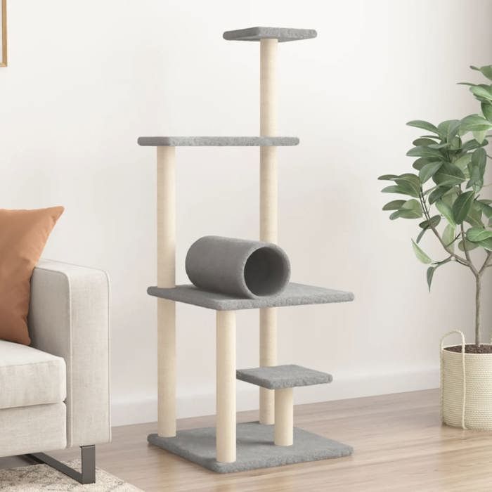 vidaXL Arbre à Chat avec Griffoirs en Sisal, Tour de Jeux pour Chat avec Poteaux à Griffer, Centre d’Activité pour Chat, Gris Clair 136 cm