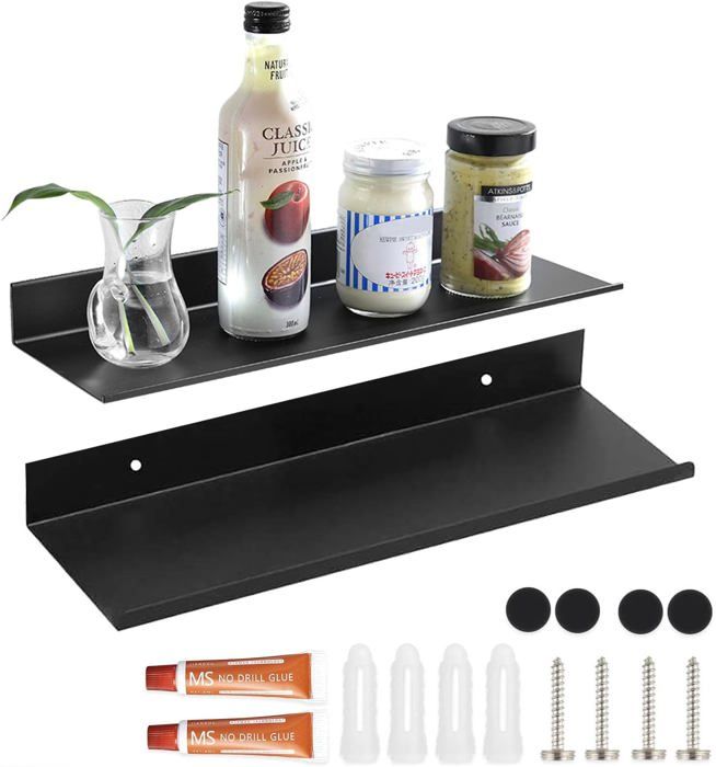 APACALI 2 Pièces Étagère Murale en Métal, 40cm Tablette Flottante Noire, Étagère de Douche Murale Noire avec Trous et Vis, Decoration Étagère Flottante pour Salon, Cuisine, Bureau