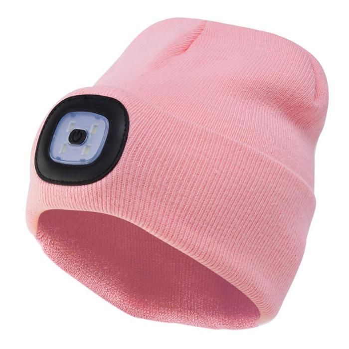 Bonnet Polaire Avec Lampe Frontale LED Rechargeable USB - 4 LEDs, Lumière Blanche - Taille Unique, Pour Course, Rando Hiver