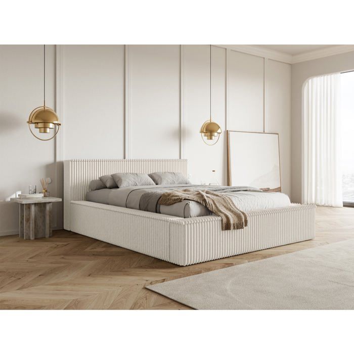 Lit coffre avec tête de lit - AFFOLIO - 160x200 cm - en velours côtelé crème