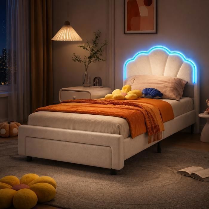 Lit rembourré 90x200cm avec lumières LEDtissu velourstiroirs de rangementtête de lit réglableunisexeblanc