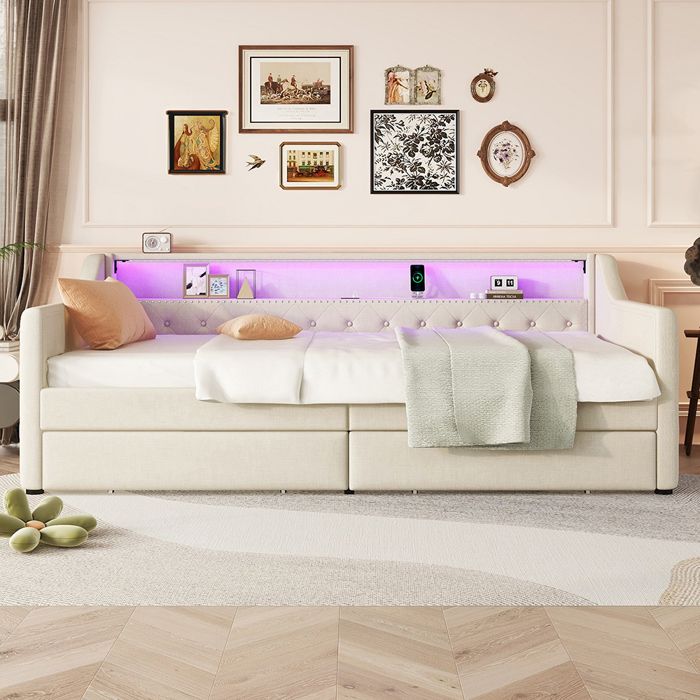 Lit banquette Lit simple 90x200 cm - avec tiroirs Eclairage dambiance avec télécommande Deux tiroirs - SWEIKO - Lin - Beige Lit banquette Lit simple 90x200 cm - avec tiroirs Eclairage dambiance avec télécommande Deux tiroirs - SWEIKO - Lin - Beige