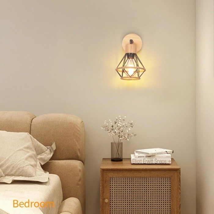 WOTTES Applique Murale en Bois E27 Lampe Murale Vintage Industrielle Cage en Métal et Corde de Chanvre Noir 3pcs